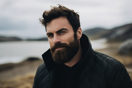 Portrait of a handsome bearded man in a black jacket on the beach.の素材