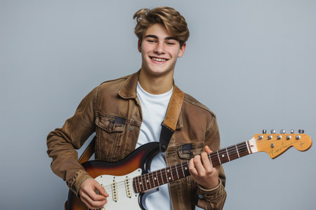 young blond man playing electric guitar with brown jacketの素材