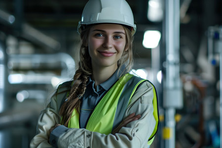 young woman, engineer of a production company with helmet and fluorescent yellow vest onの素材