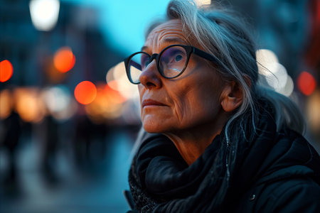 Portrait of an elderly woman with glasses on the background of the night cityの素材