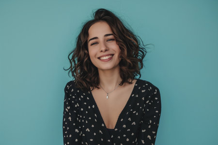 good looking happy young woman with wavy hairの素材