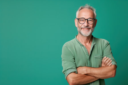 Smiling man over 50 years old with beard dressed in green. With green backgroundの素材