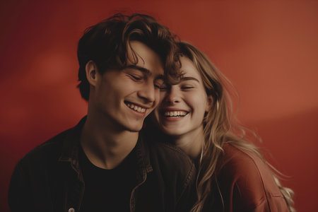 happy couple in love with red color backgroundの素材