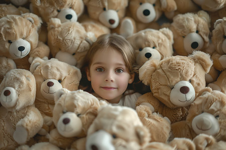 Little girl stuffed into a pile of teddy bearsの素材