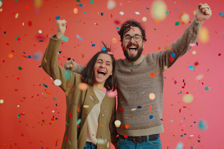 Couple happy to have won a prizeの素材