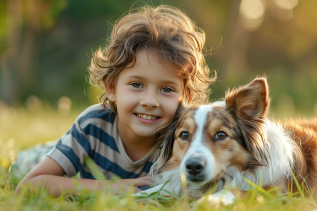 little boy lying on the grass next to his dogの素材