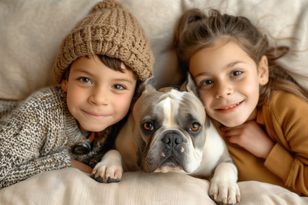 Two brothers posing with their dogの素材