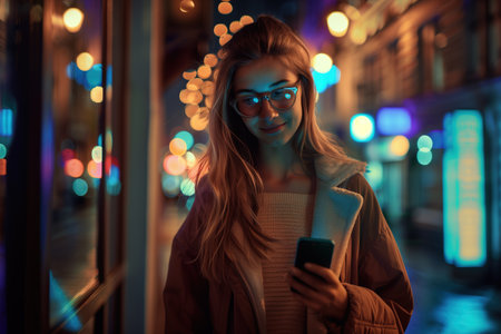 Young woman looking at smartphone in dark cityの素材