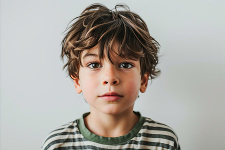 Portrait of a cute little boy with a funny expression on his face.の素材