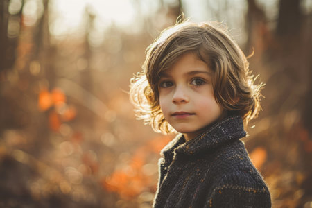 Portrait of a little boy on a background of autumn forestの素材
