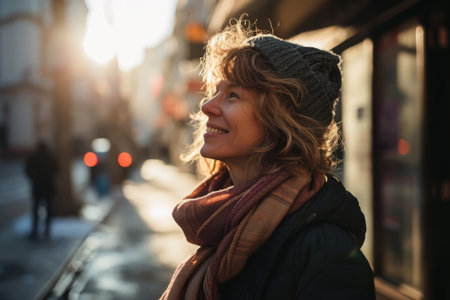 Portrait of a beautiful woman walking in the city at sunsetの素材