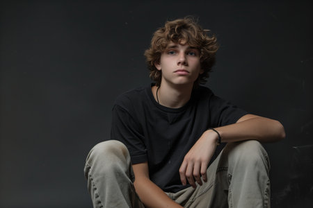 young teenager in studio shot sitting with hand resting on kneeの素材