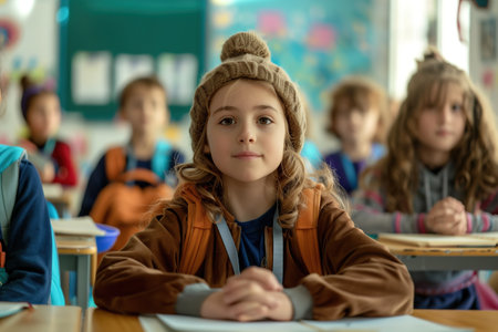 A school class with a girl wearing a hat firstの素材