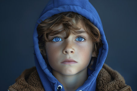 Little boy with blue eyes and hood upの素材