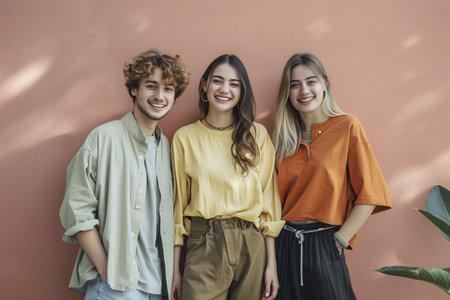 three fun young people in casual clothesの素材