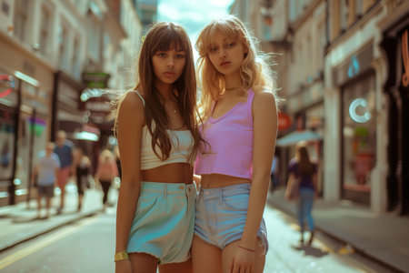 two young girls posing on the street in summer clothesの素材