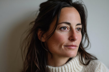 Portrait of a beautiful young woman with long black hair in a white sweaterの素材