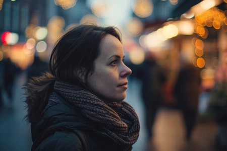Portrait of a young woman in the city at Christmas timeの素材