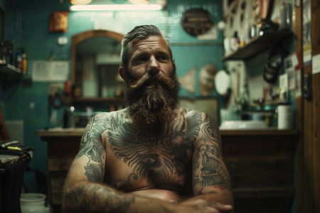 A man with a beard and tattoos sits in a barbershop. He is looking at the cameraの素材