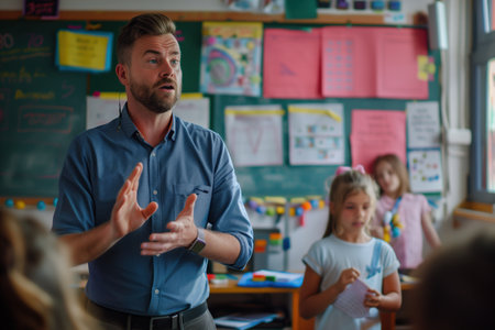 A man is teaching a class of children. The children are sitting at their desks and listening to the teacher. The teacher is wearing a blue shirt and has his hands raisedの素材