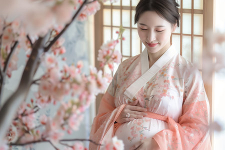A woman in a traditional Japanese kimono is posing for a picture in front of a tree with pink blossoms. Concept of serenity and beauty, as the woman's smileの素材