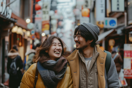 A couple is walking down a street with a man wearing a hat and a woman wearing a scarfの素材