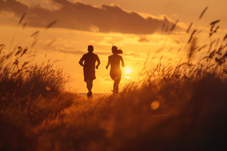 Two people running in a field with a sunset in the backgroundの素材