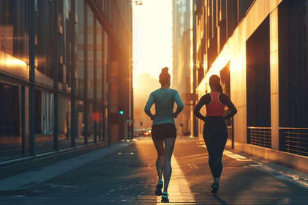 Two women running in a city street. One is wearing a blue shirt and the other is wearing a red shirtの素材