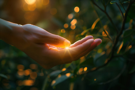 A hand holding a leaf with a sun shining on it. Concept of peace and tranquility, as the sun's rays illuminate the leaf and the hand. The combination of the natural elementsの素材