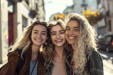 Three girls are smiling and posing for a picture on a city street. They are wearing jackets and backpacks, and there is a car parked in the background. Scene is happy and carefreeの素材