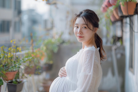 A woman is standing on a balcony, wearing a white dress and looking at the camera. She is pregnant and is posing for a photo. The balcony is decorated with potted plantsの素材