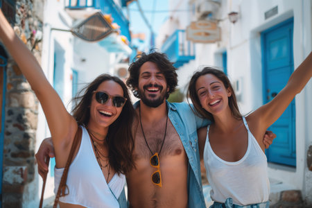 Three people are smiling and posing for a picture on a street. One of the women is wearing a white shirt and sunglassesの素材