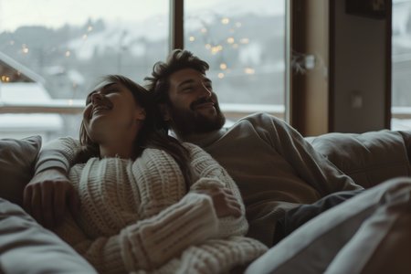 A man and a woman are sitting on a couch, smiling at each other. Scene is warm and affectionateの素材