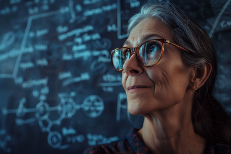 A woman wearing glasses is looking at a chalkboard with equations on it. She is a scientist or a teacher, as she is focused on the equations. Concept of curiosity and intellectual pursuitの素材
