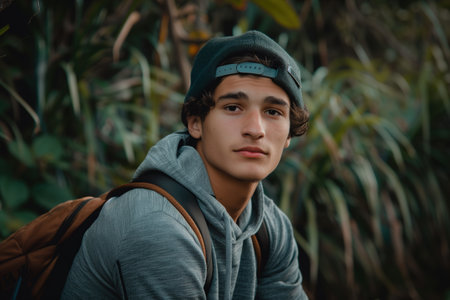 A young man wearing a hat and a hoodie is sitting in a forest. He has a backpack on his backの素材
