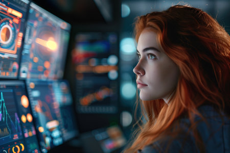 A woman with red hair is looking at a computer monitor with many screens. The screens are displaying various graphs and numbers, and the woman is focused on the dataの素材