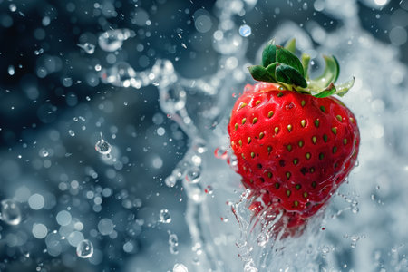 A red strawberry is floating in a spray of water. The water droplets are scattered around the strawberry, creating a sense of movement and energy. The image conveys a feeling of freshness and vitalityの素材