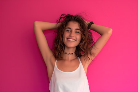 A woman with curly hair is smiling and posing for a picture. She is wearing a white tank top and a black necklaceの素材
