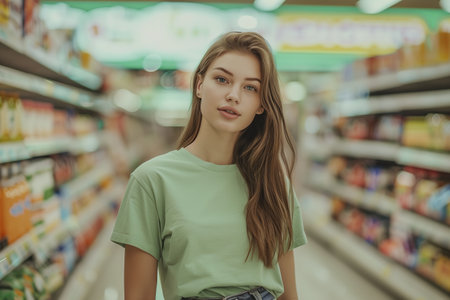 A woman is standing in a grocery store aisle, wearing a green shirt and jeans. She is smiling and looking at the cameraの素材