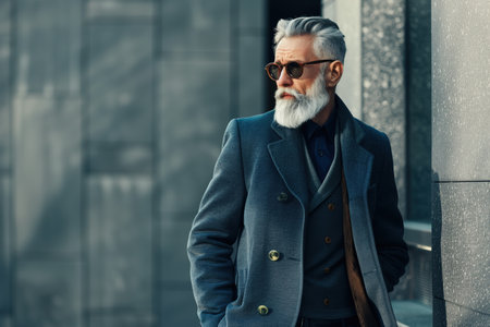 A man in a suit and sunglasses stands in front of a building. He looks confident and stylishの素材