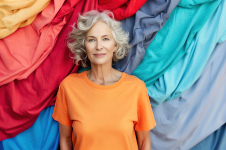 A woman in an orange shirt stands in front of a colorful wall of fabric. She is smiling and looking at the camera. Concept of warmth and happinessの素材