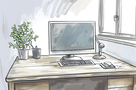 A computer desk with a monitor, keyboard, mouse, and a potted plant. The desk is cluttered with various items, including a book and a cup. Scene is that of a busy workspaceの素材