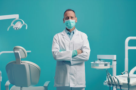 A man in a white lab coat stands in front of a dental office with a mask on his faceの素材