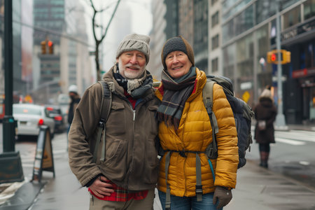 A couple of older people are standing on a city street, both wearing hats and backpacks. They are smiling and seem to be enjoying their time togetherの素材