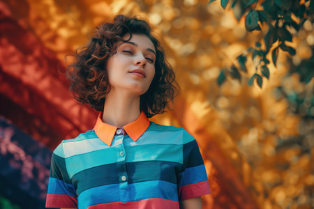 A woman wearing a colorful striped shirt is standing in front of a colorful wall. She is smiling and looking at the cameraの素材