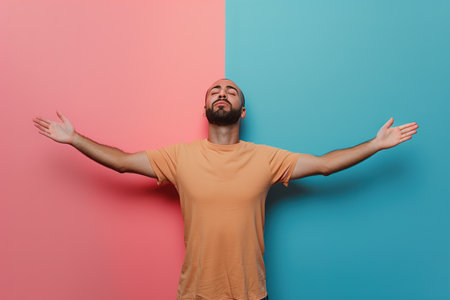 A man in an orange shirt is standing in front of a pink and blue wall, with his arms outstretched. Concept of peace and serenity, as the man is in a meditative stateの素材