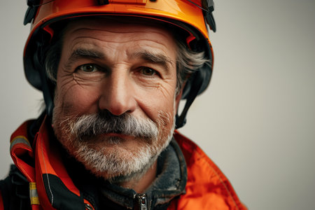 A man with a beard and mustache wearing an orange helmet. He is smiling and looking at the cameraの素材