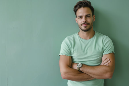 A man in a green shirt is standing in front of a wall. He is wearing a watch and has his arms crossedの素材