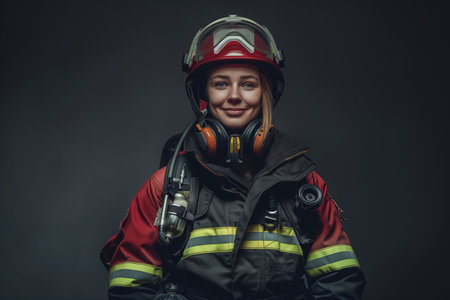 A woman in a fireman's uniform is smiling. She is wearing a red jacket and a black helmetの素材