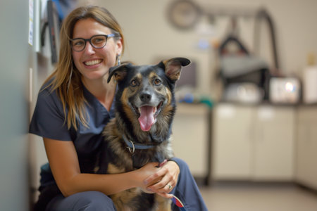 A woman is holding a dog in a veterinary clinic. The dog is wagging his tail and he is happyの素材